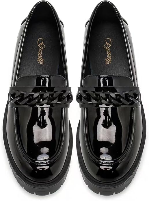 Premium Girls' Black Patent School Loafers – Comfy & Anti-Slip Uniform Shoes with Stylish Chain Detail for All-Day Wear