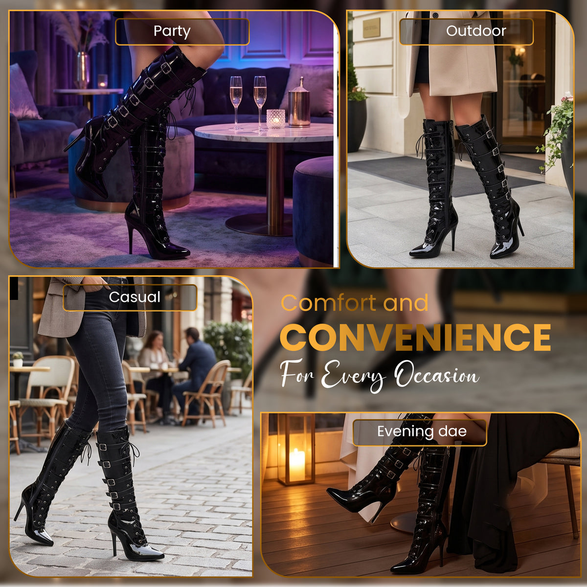 Women's High Heel Knee Lace-Up Boots with 5 Buckles Style Stiletto Heels Side Zip Gothic Punk Boot Club wear Size 3-12