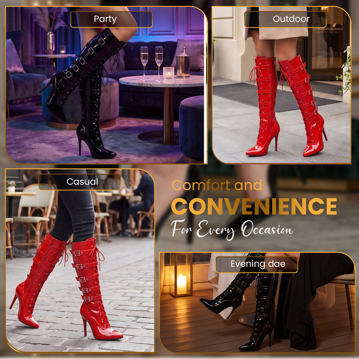 Women's High Heel Knee Lace-Up Boots with 5 Buckles Style Stiletto Heels Side Zip Gothic Punk Boot Club wear Size 3-12