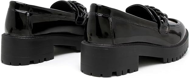 Premium Girls' Black Patent School Loafers – Comfy & Anti-Slip Uniform Shoes with Stylish Chain Detail for All-Day Wear