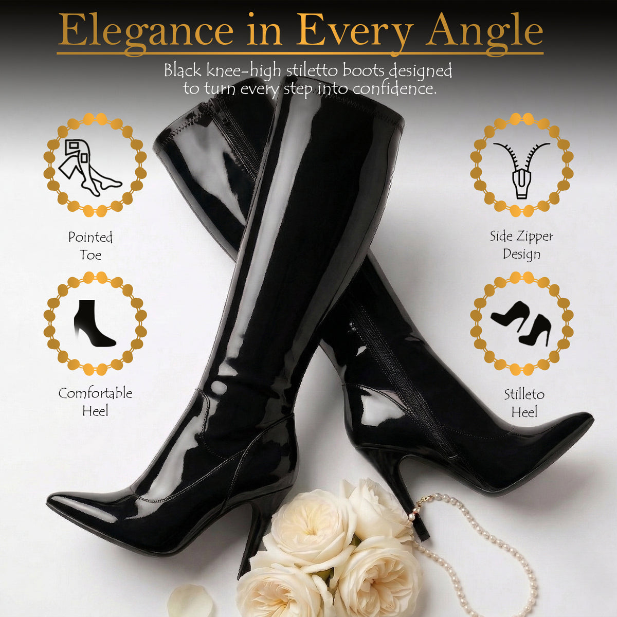 Golden Beads Women, laddies Knee high stretch Kinky Stiletto Heel boots with side zip and pointed toe for sexy look