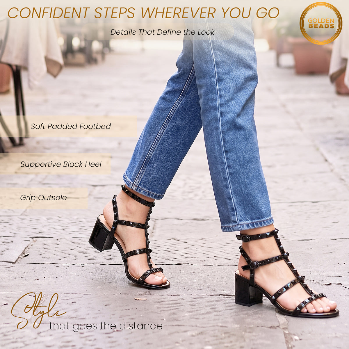 Womens ladies studded ankle strap rivet gladiators block mid heels point sandals