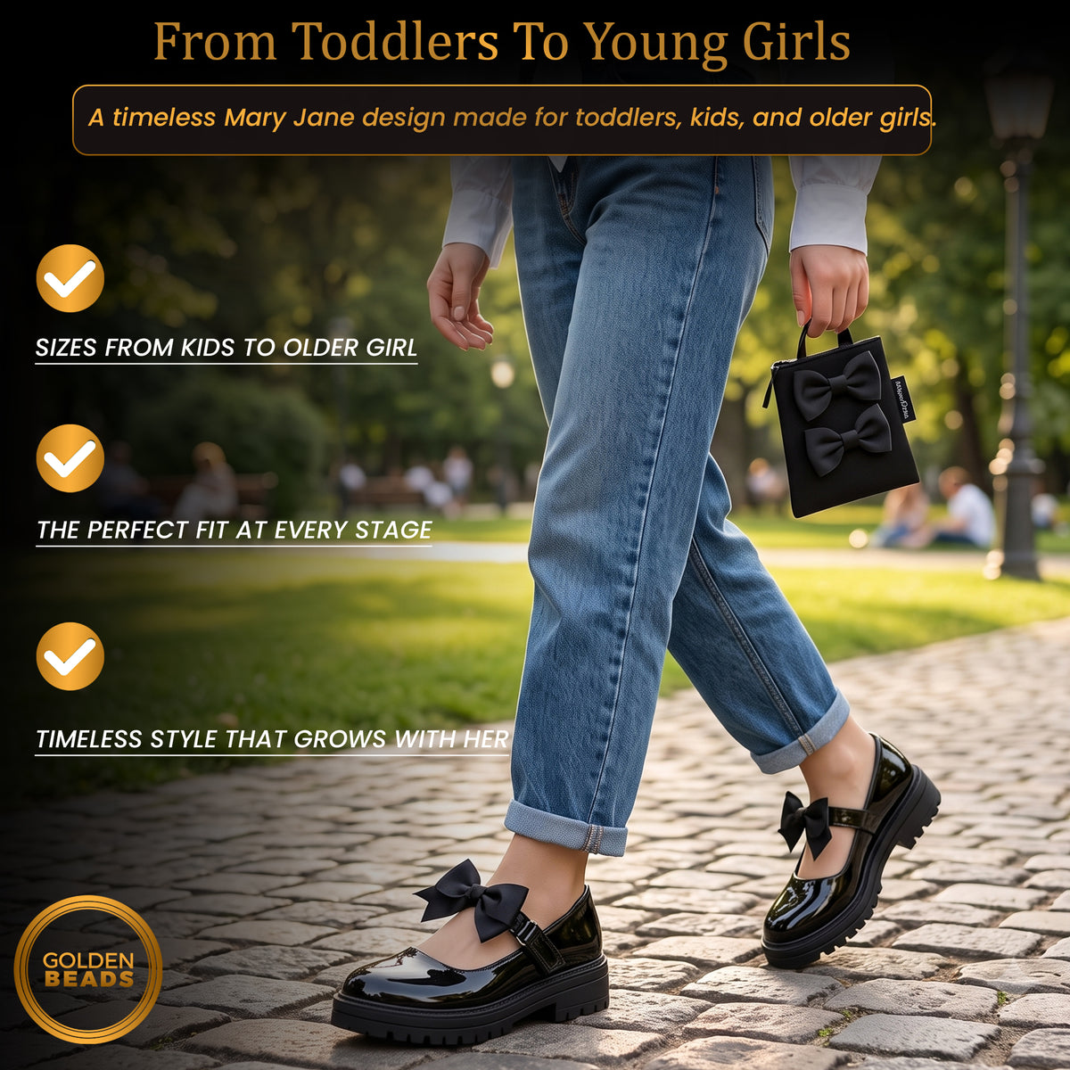 Girls Black Patent Mary Jane School Shoes Toddler & Kids Uniform Flats with Detachable Bow, Comfortable & Anti-Slip Shoes