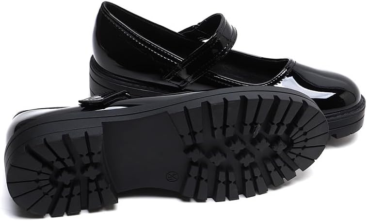 Girls' Black Patent Classic Mary Jane School Shoes Comfy, Non-Slip Uniform Shoes Round Toe with Adjustable Ankle Strap