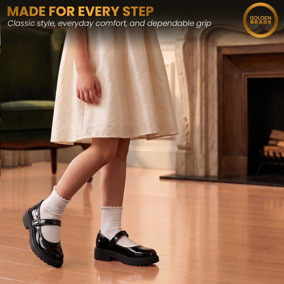 Girls' Black Patent Classic Mary Jane School Shoes Comfy, Non-Slip Uniform Shoes Round Toe with Adjustable Ankle Strap
