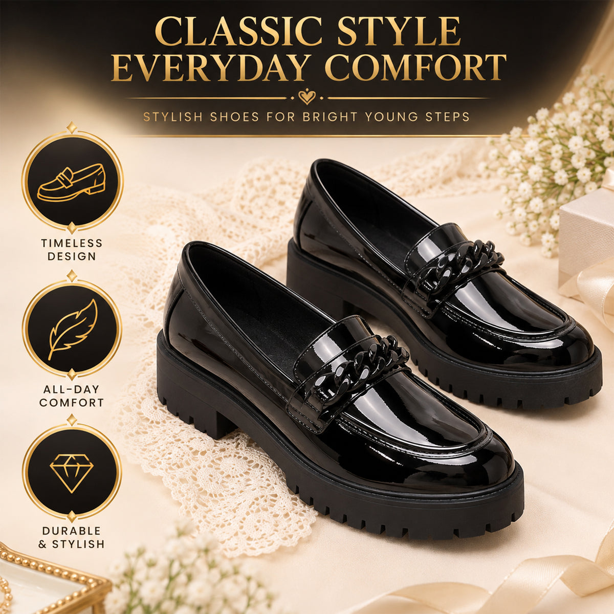 Premium Girls' Black Patent School Loafers – Comfy & Anti-Slip Uniform Shoes with Stylish Chain Detail for All-Day Wear
