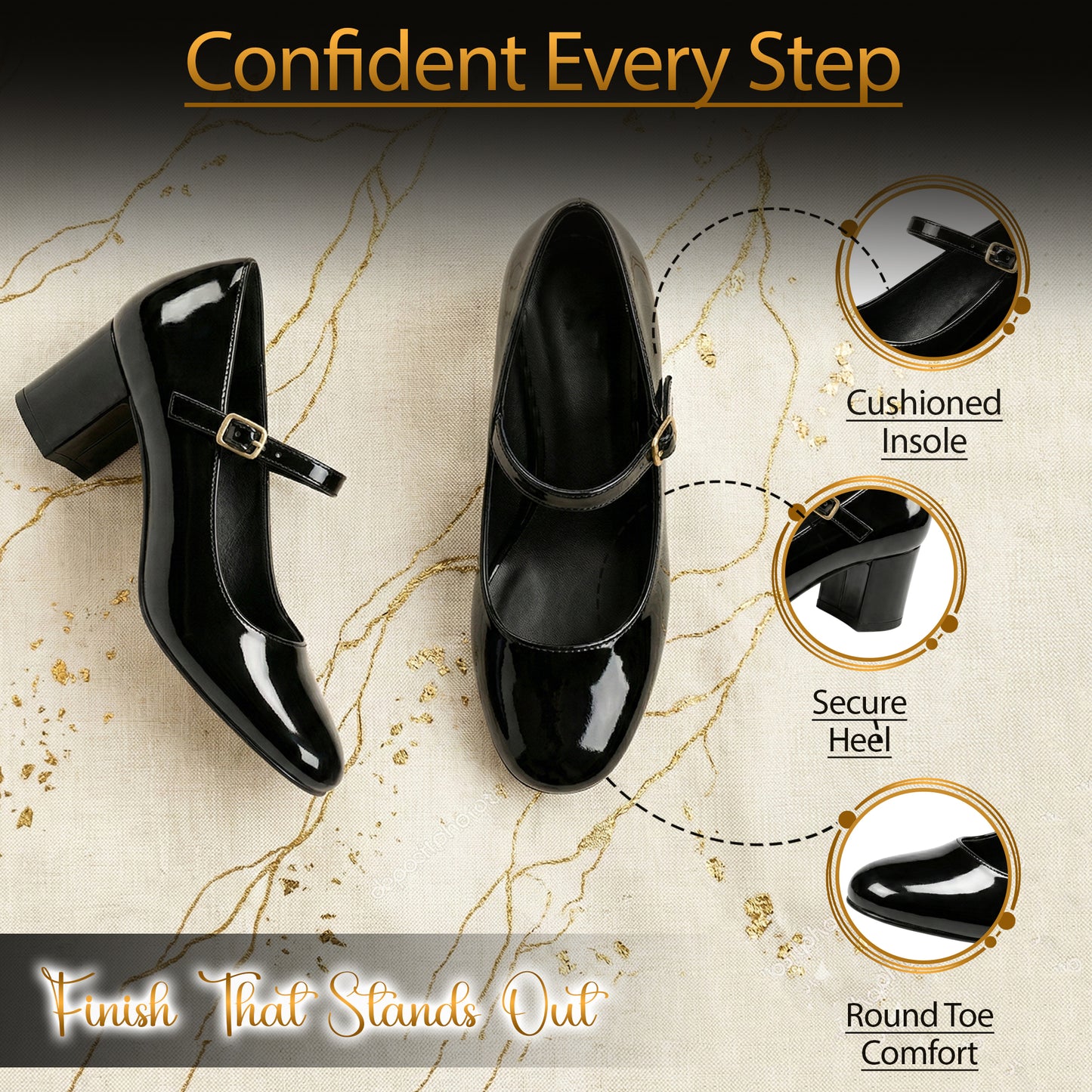 Women’s Elegant Signature Mary Jane Low Mid-Block Heels Pumps Cushioned Comfort Ankle Strap Court Shoes Wide & Extra Wide Fit