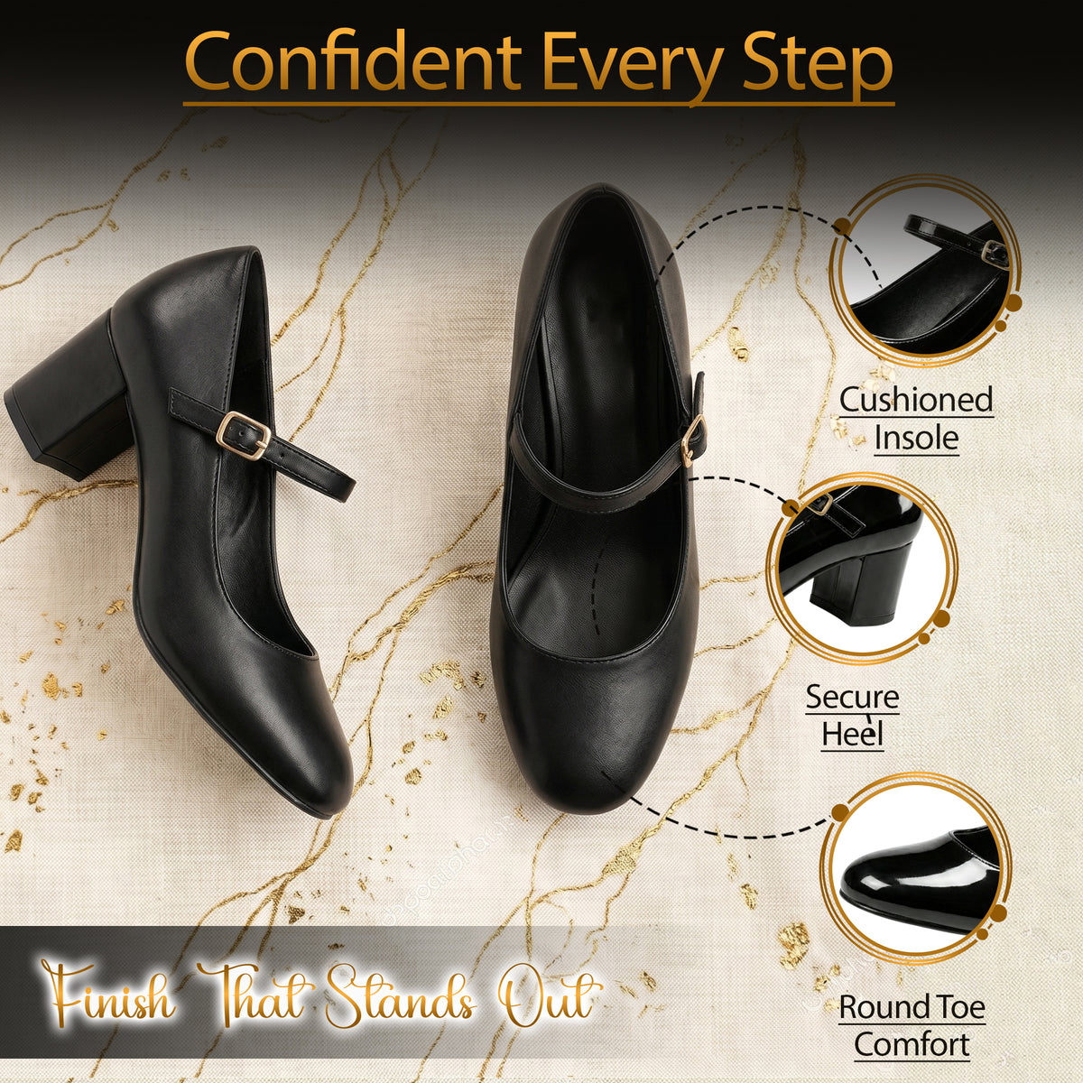 Women’s Elegant Signature Mary Jane Low Mid-Block Heels Pumps Cushioned Comfort Ankle Strap Court Shoes Wide & Extra Wide Fit