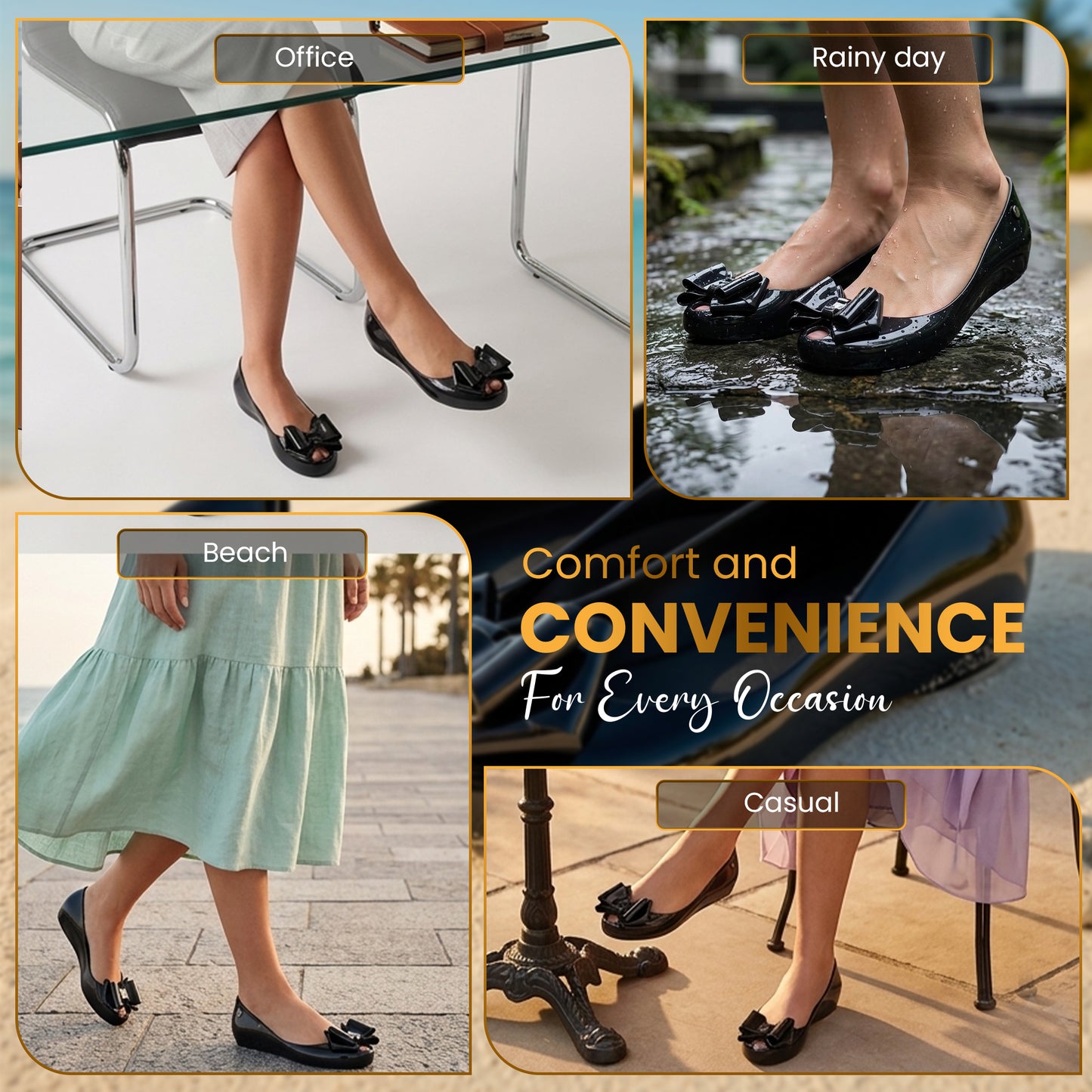 Women's Black Jelly Stylish Shoes Bow Comfortable Slip-On Ballerina Flats for Casual Outings, Summer Walks & Beachwear