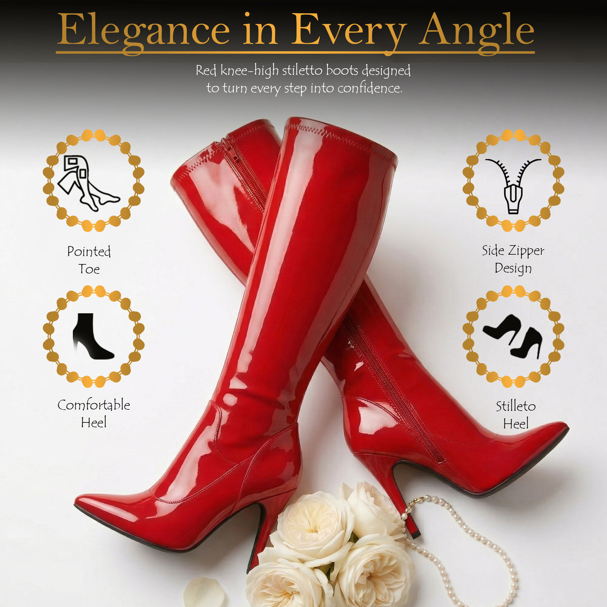 Golden Beads Women, laddies Knee high stretch Kinky Stiletto Heel boots with side zip and pointed toe for sexy look