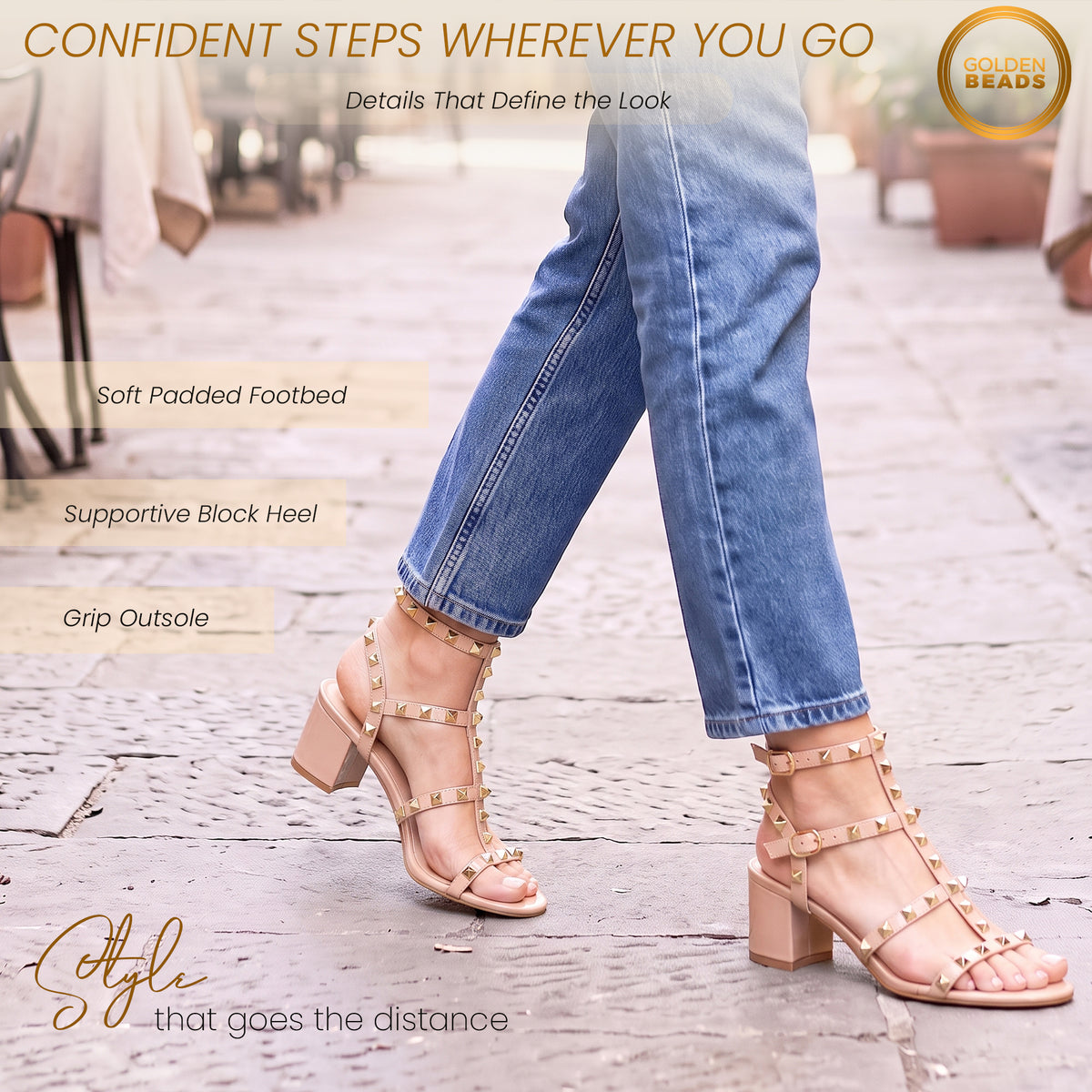 Womens ladies studded ankle strap rivet gladiators block mid heels point sandals