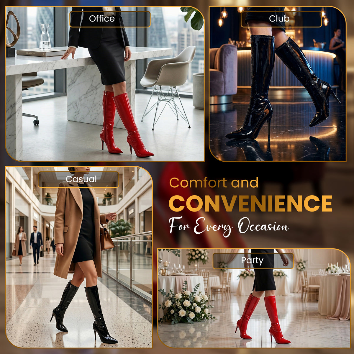 Golden Beads Women, laddies Knee high stretch Kinky Stiletto Heel boots with side zip and pointed toe for sexy look