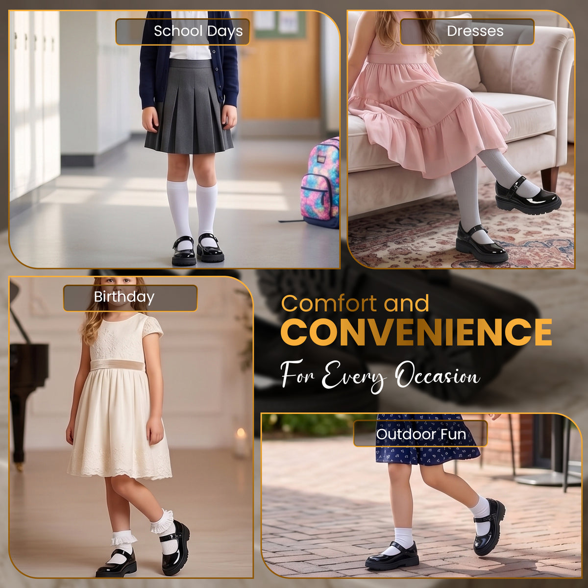 Girls' Black Patent Classic Mary Jane School Shoes Comfy, Non-Slip Uniform Shoes Round Toe with Adjustable Ankle Strap