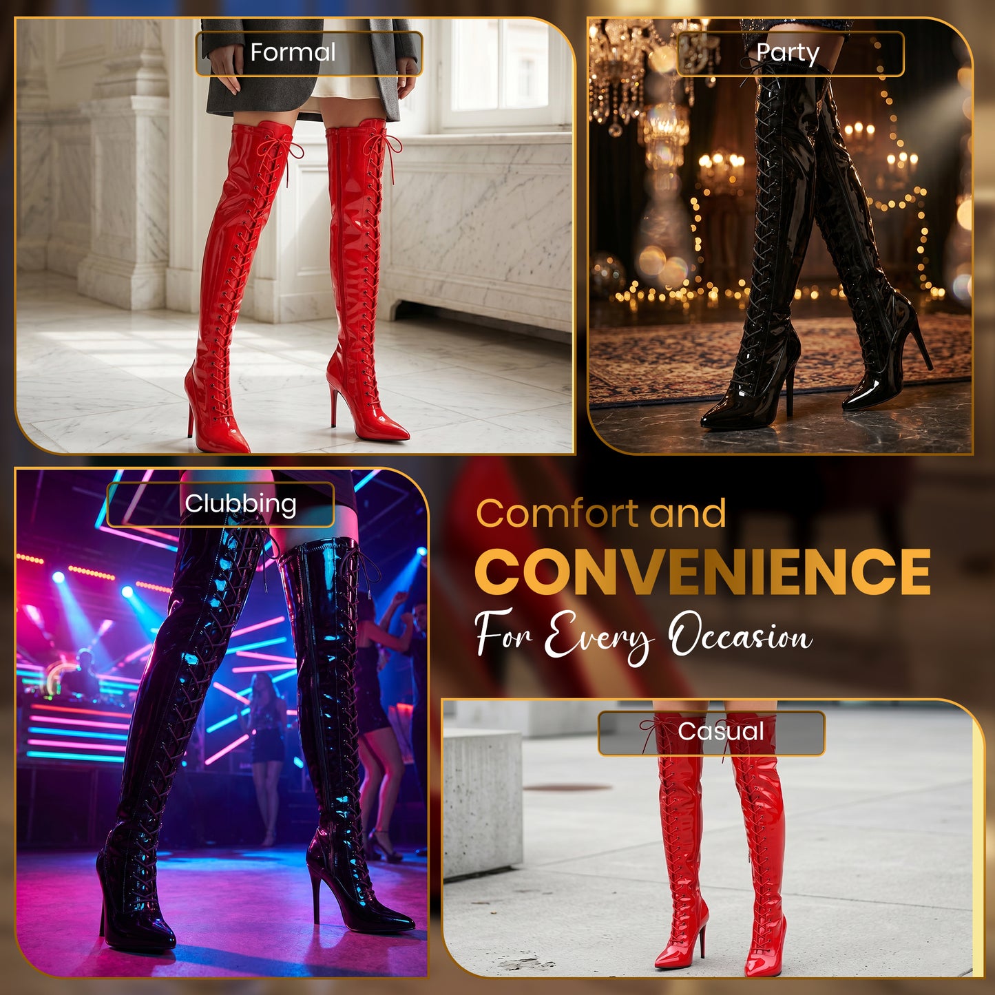 Women ladies boots thigh high heel over the knee boots front Lace-up with side zip
