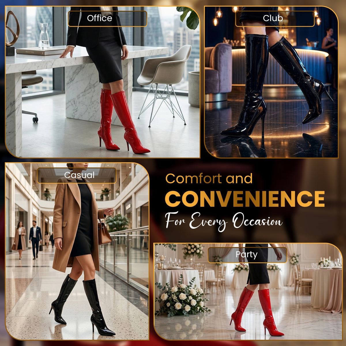 Golden Beads Women, laddies Knee high stretch Kinky Stiletto Heel boots with side zip and pointed toe for sexy look