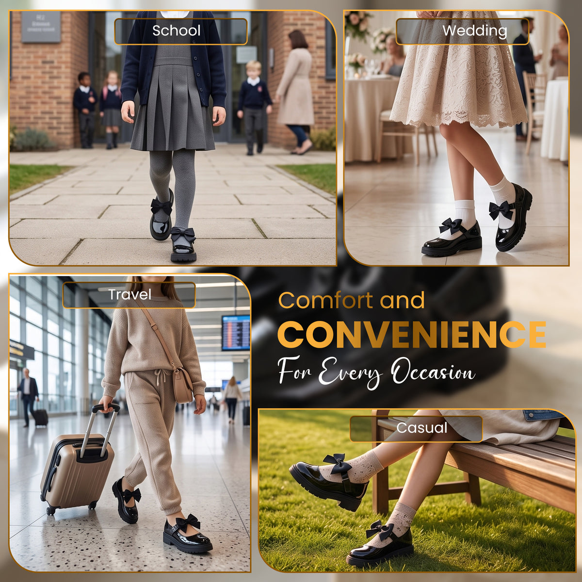 Girls Black Patent Mary Jane School Shoes Toddler & Kids Uniform Flats with Detachable Bow, Comfortable & Anti-Slip Shoes
