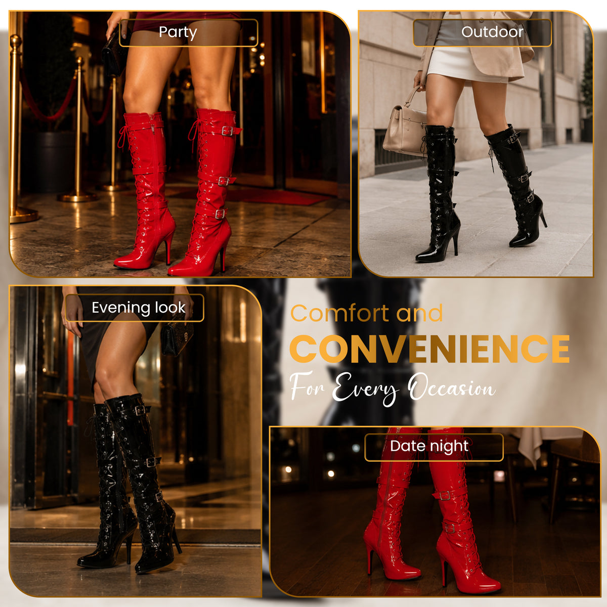Women's High Heel Knee High Boots Lace Up Stiletto with 3 Buckles & Side Zip Edgy Punk Gothic Style Sexy Footwear UK 3-12