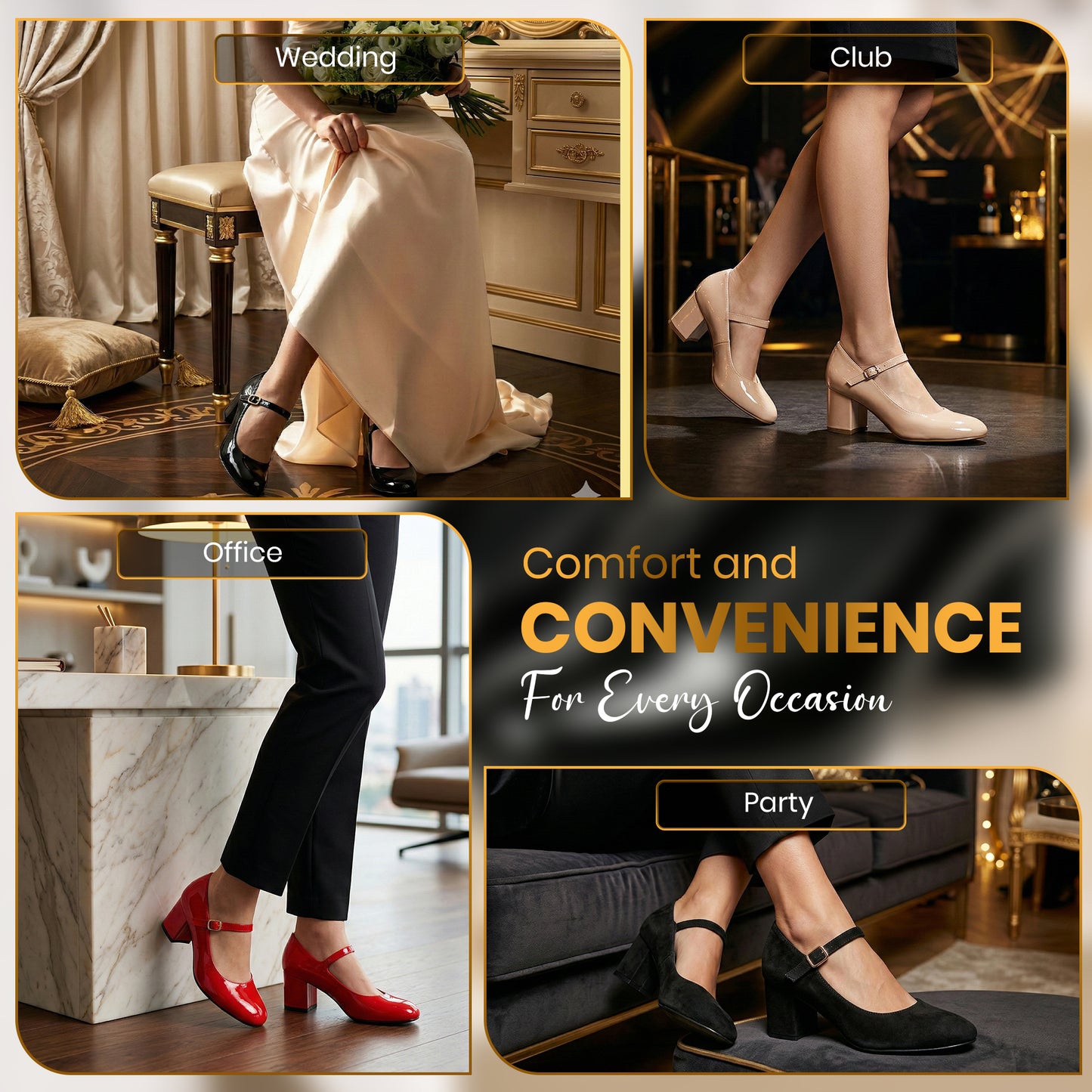Women’s Elegant Signature Mary Jane Low Mid-Block Heels Pumps Cushioned Comfort Ankle Strap Court Shoes Wide & Extra Wide Fit