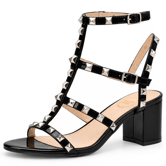 Womens ladies studded ankle strap rivet gladiators block mid heels point sandals