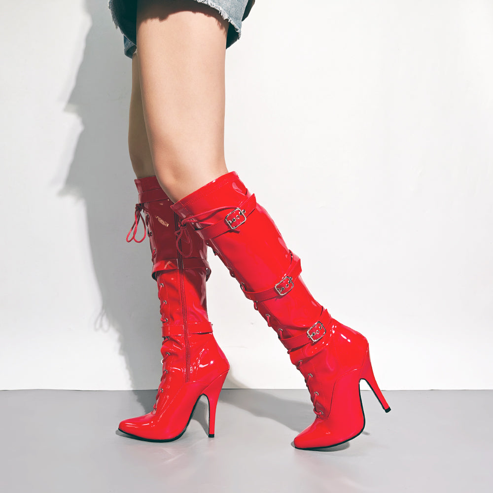 Women's High Heel Knee High Boots Lace Up Stiletto with 3 Buckles & Side Zip Edgy Punk Gothic Style Sexy Footwear UK 3-12