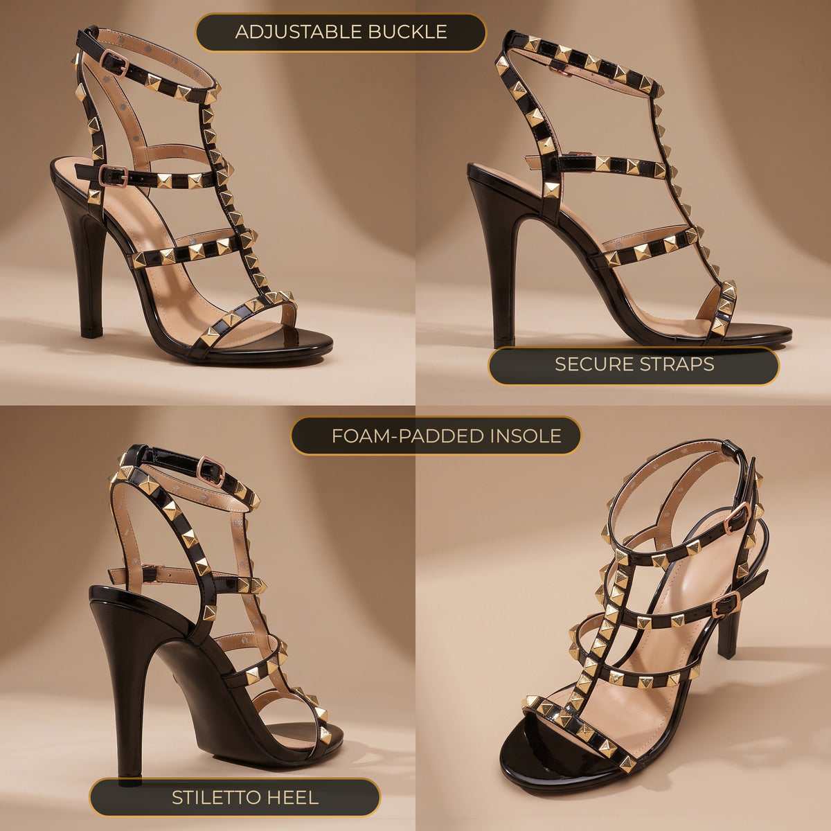 Womens ladies ankle strap studded rivet gladiators block mid heels sandals