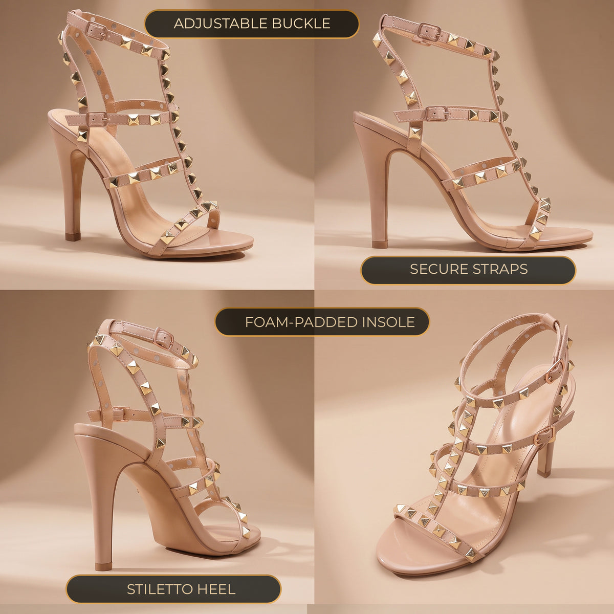 Womens ladies ankle strap studded rivet gladiators block mid heels sandals