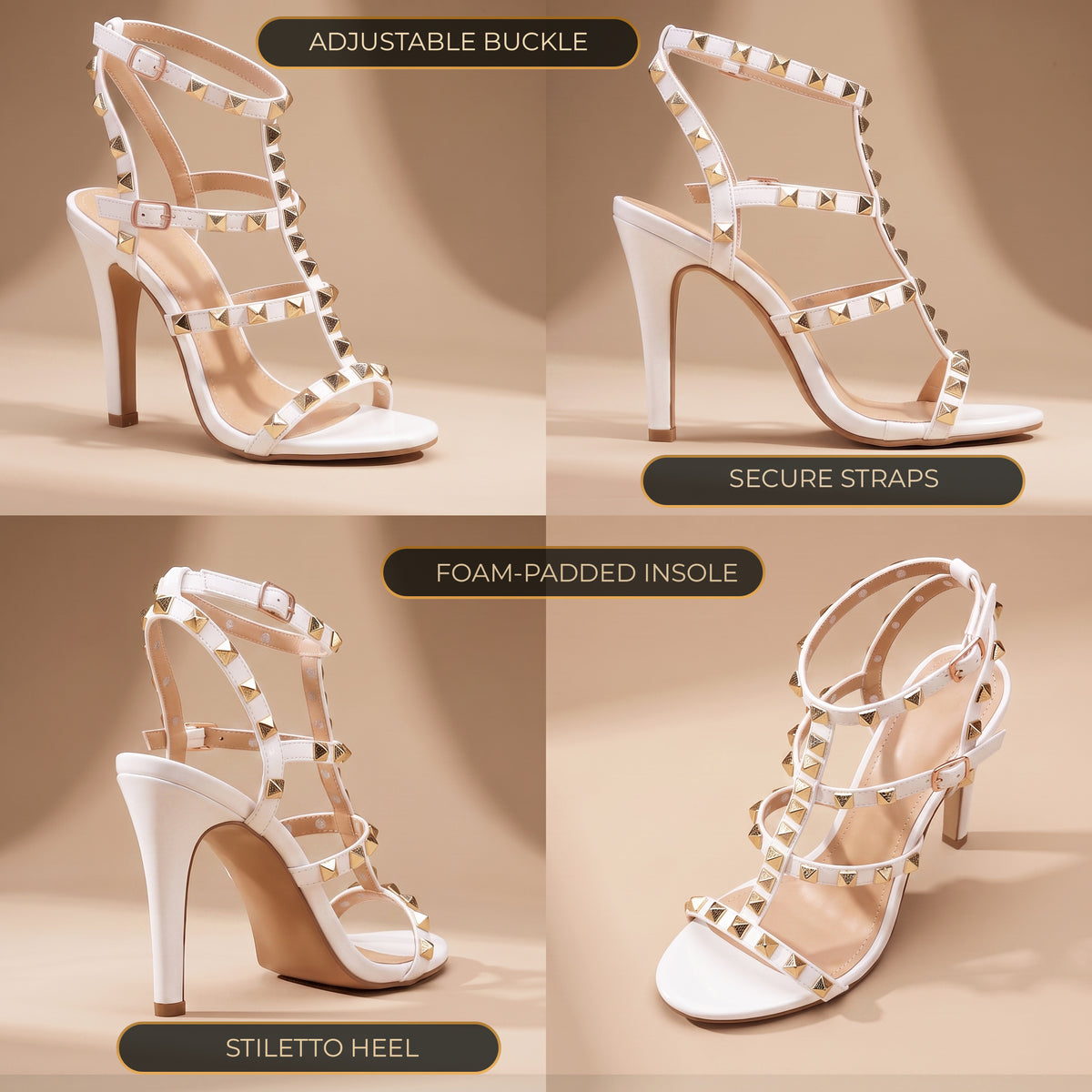 Womens ladies ankle strap studded rivet gladiators block mid heels sandals