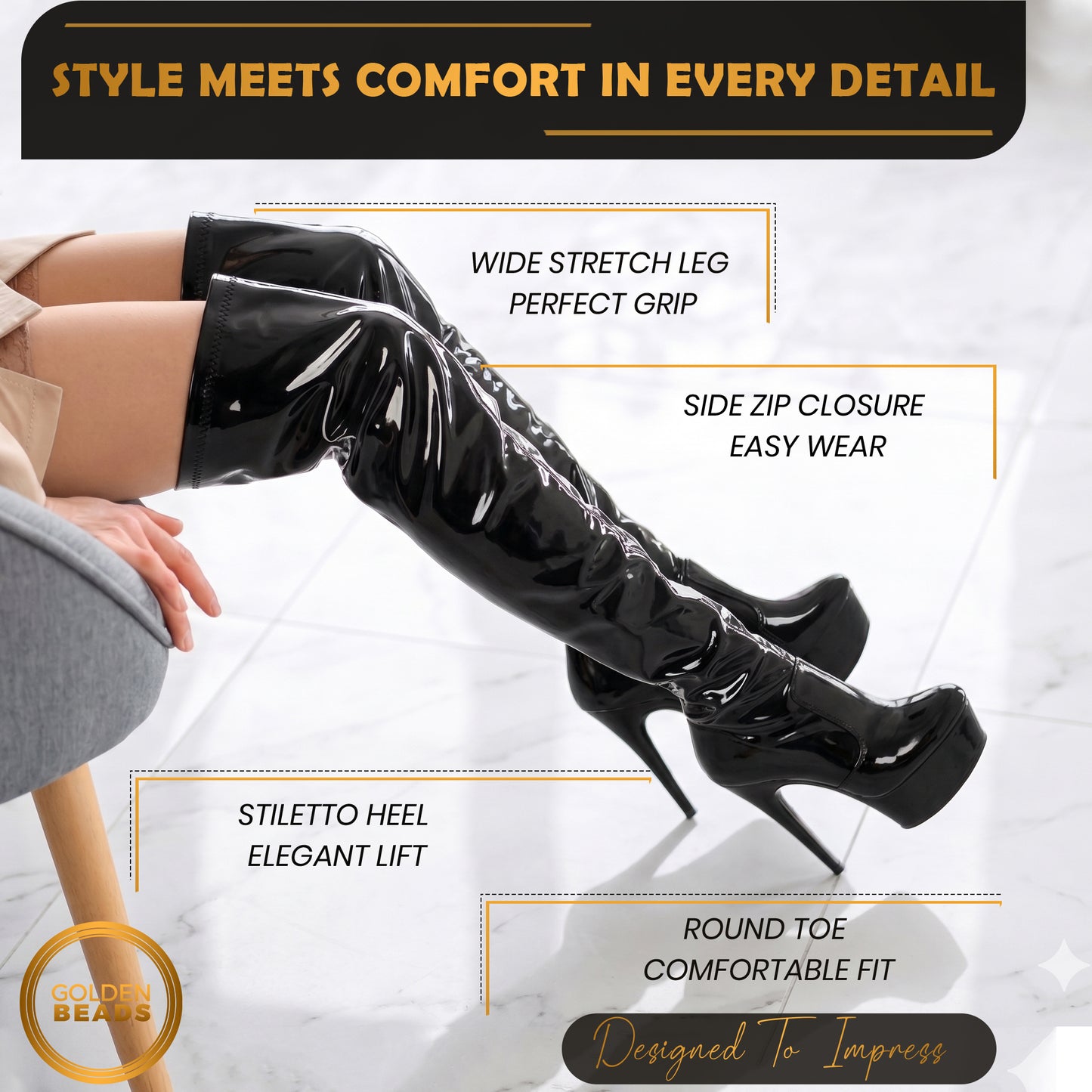 Women ladies boots thigh high Stiletto Heel Wide Leg Stretch Fetish Platform Boots with side zip