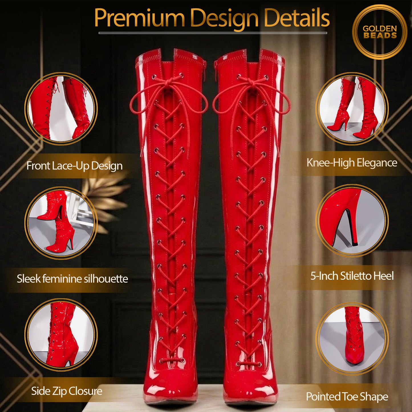 Golden Beads Women ladies boots Knee high Stiletto heel front lace-up with side zip pointed toe, ladies faux leather boots