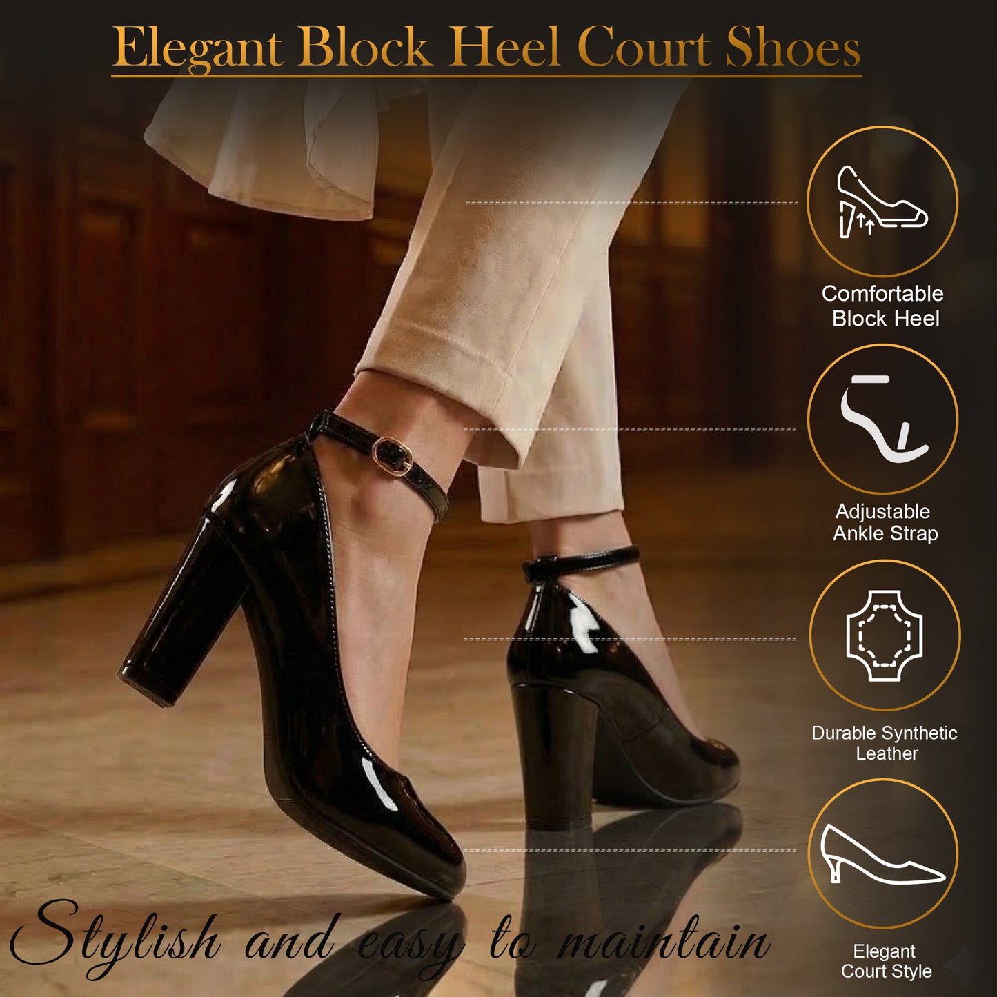 Womens Ladies Block Heel Ankle Strap Work Court Evening Dress Girls Shoes Pumps