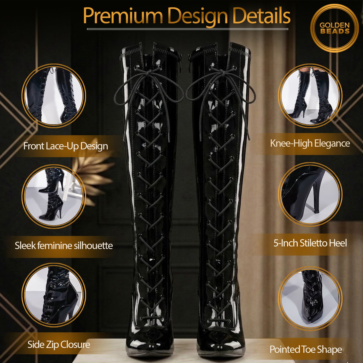 Golden Beads Women ladies boots Knee high Stiletto heel front lace-up with side zip pointed toe, ladies faux leather boots