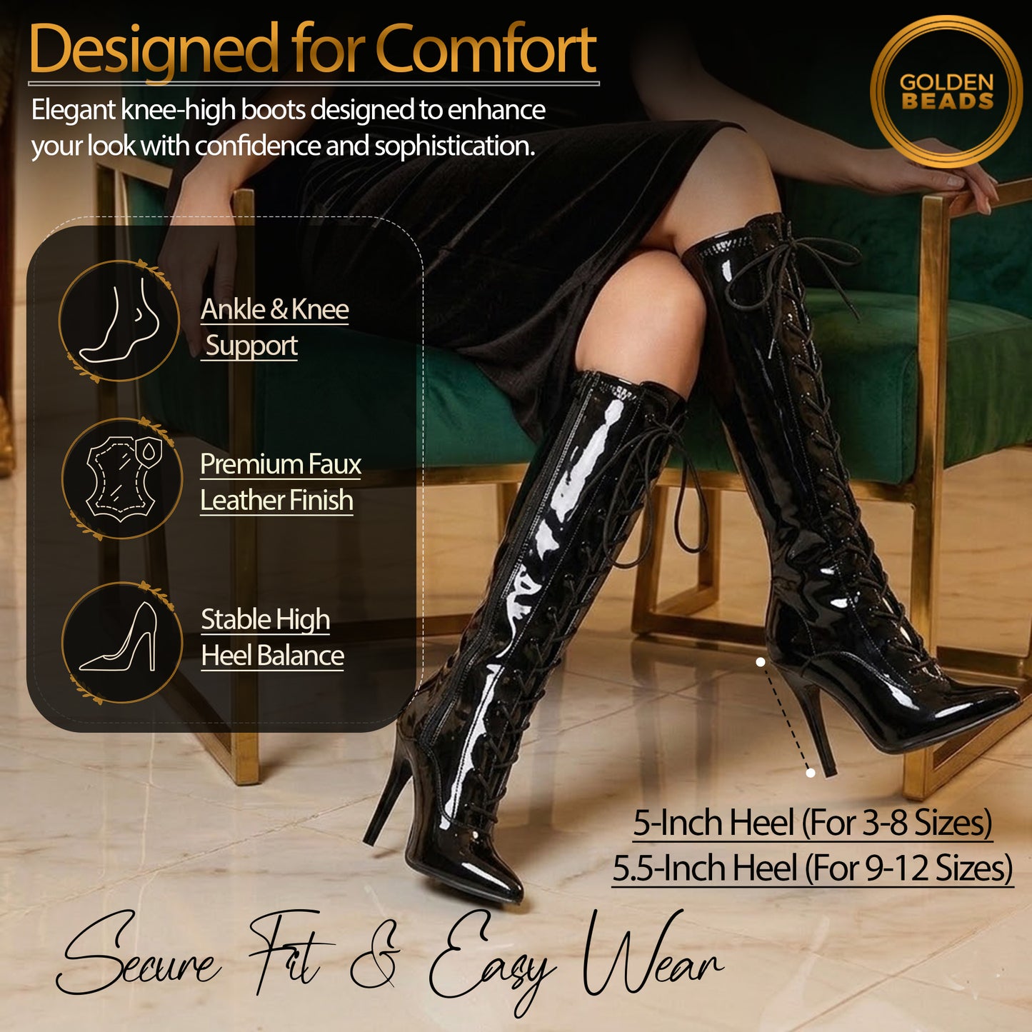 Golden Beads Women ladies boots Knee high Stiletto heel front lace-up with side zip pointed toe, ladies faux leather boots