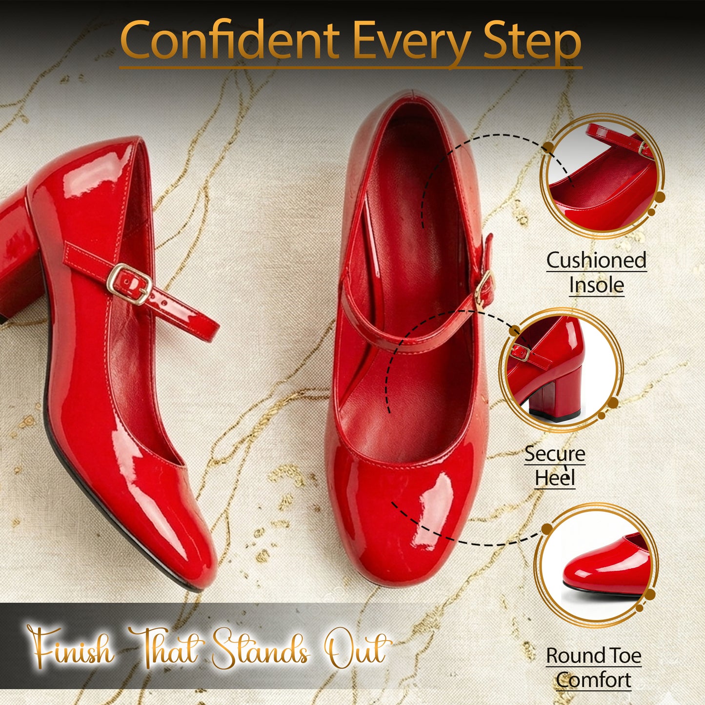 Women’s Elegant Signature Mary Jane Low Mid-Block Heels Pumps Cushioned Comfort Ankle Strap Court Shoes Wide & Extra Wide Fit