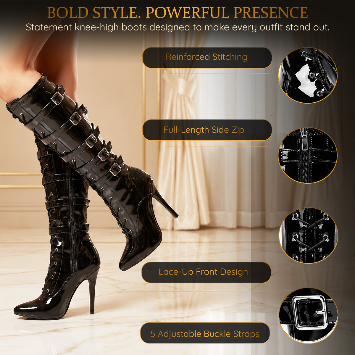 Women's High Heel Knee Lace-Up Boots with 5 Buckles Style Stiletto Heels Side Zip Gothic Punk Boot Club wear Size 3-12