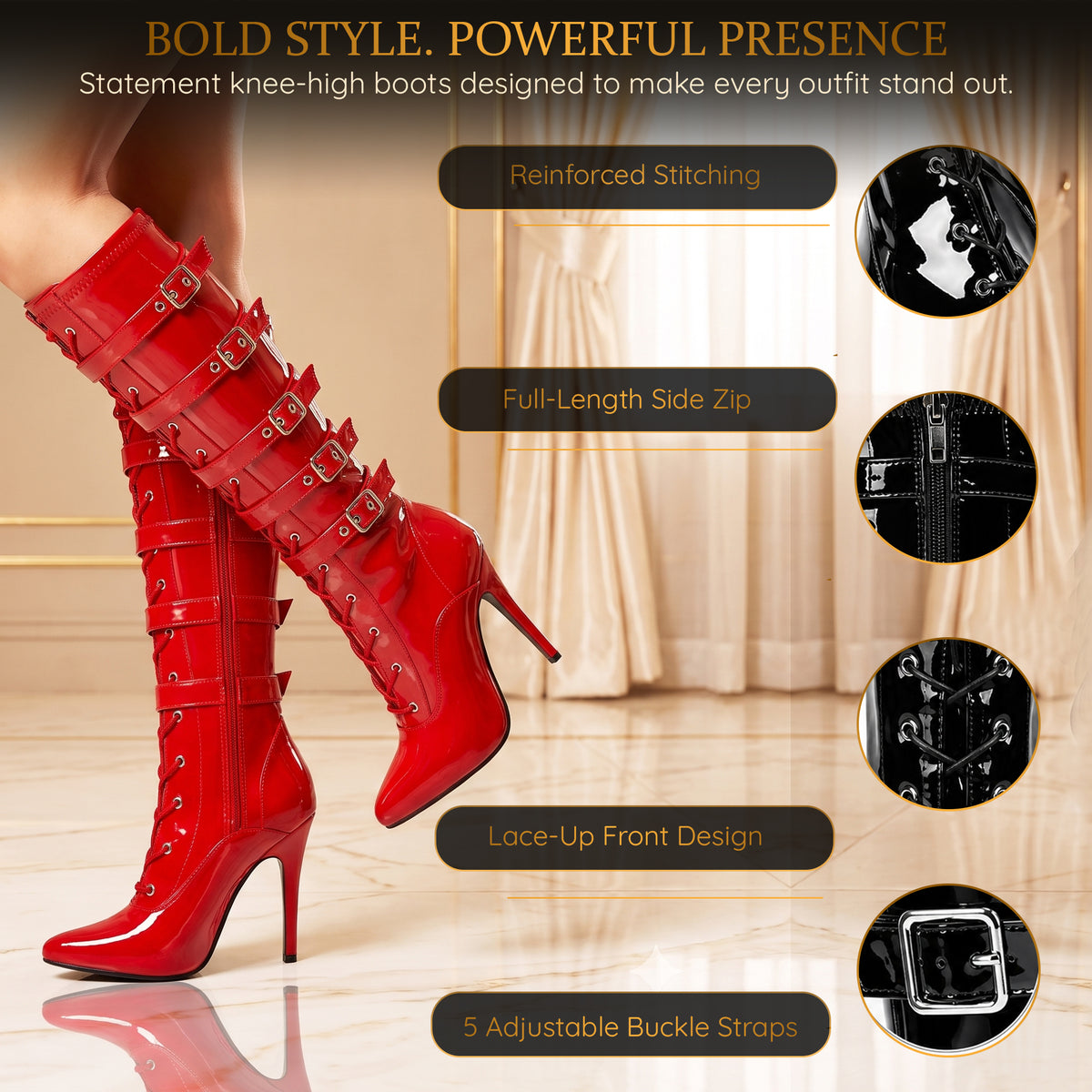 Women's High Heel Knee Lace-Up Boots with 5 Buckles Style Stiletto Heels Side Zip Gothic Punk Boot Club wear Size 3-12