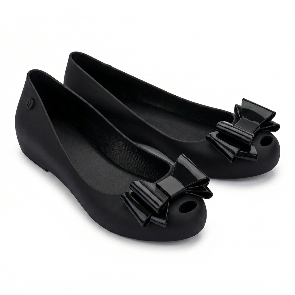 Women's Black Jelly Stylish Shoes Bow Comfortable Slip-On Ballerina Flats for Casual Outings, Summer Walks & Beachwear