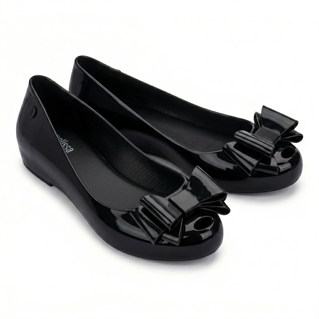 Women's Black Jelly Stylish Shoes Bow Comfortable Slip-On Ballerina Flats for Casual Outings, Summer Walks & Beachwear