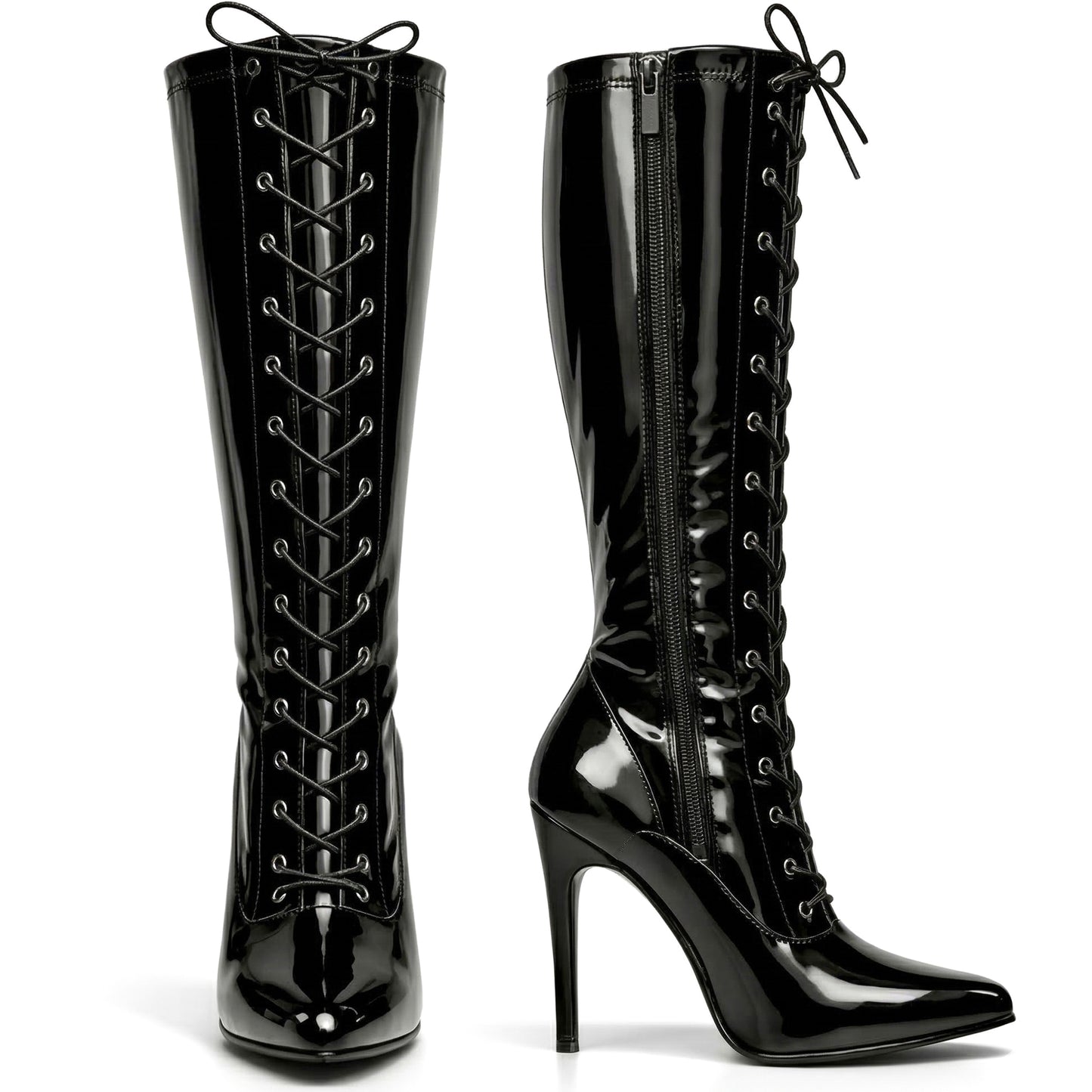 Golden Beads Women ladies boots Knee high Stiletto heel front lace-up with side zip pointed toe, ladies faux leather boots