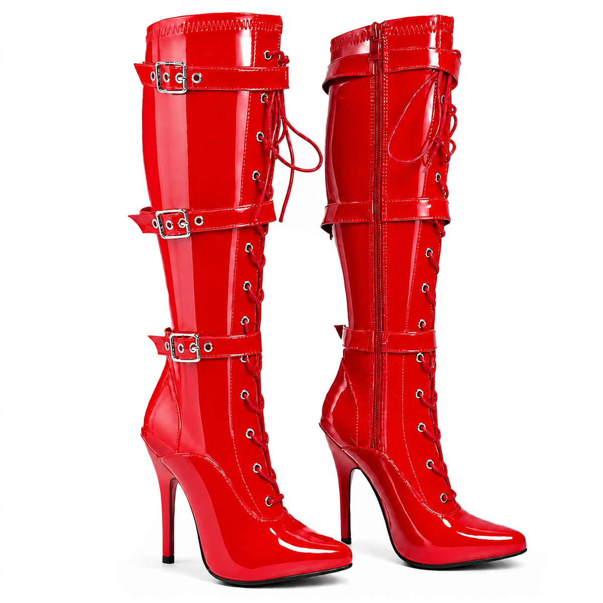 Women's High Heel Knee High Boots Lace Up Stiletto with 3 Buckles & Side Zip Edgy Punk Gothic Style Sexy Footwear UK 3-12