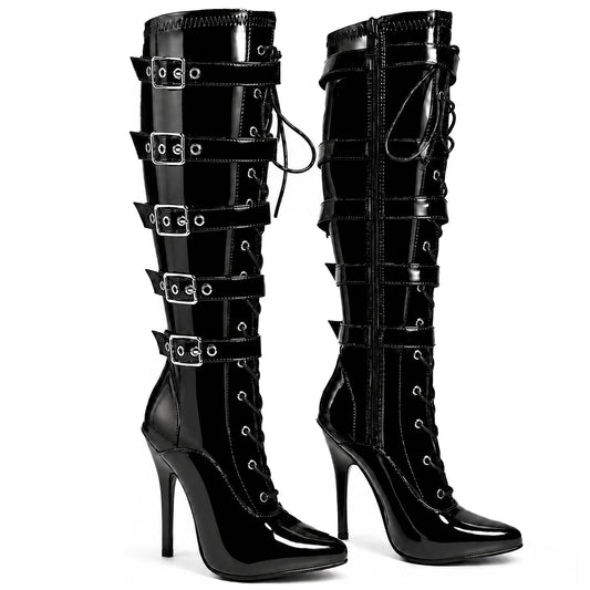 Women's High Heel Knee Lace-Up Boots with 5 Buckles Fetish Style Stiletto Heels Side Zip Gothic Punk Boot Club wear Size 3-12