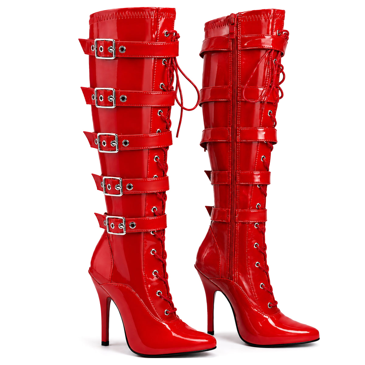 Women's High Heel Knee Lace-Up Boots with 5 Buckles Style Stiletto Heels Side Zip Gothic Punk Boot Club wear Size 3-12