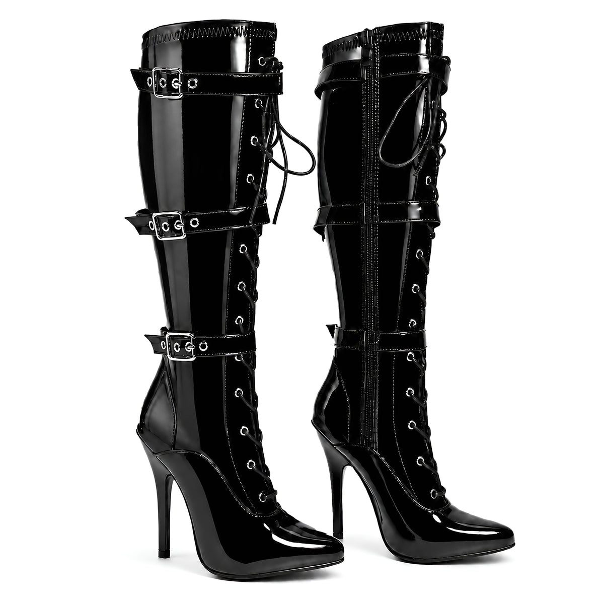 Women's High Heel Knee High Boots Lace Up Stiletto with 3 Buckles & Side Zip Edgy Punk Gothic Style Sexy Footwear UK 3-12