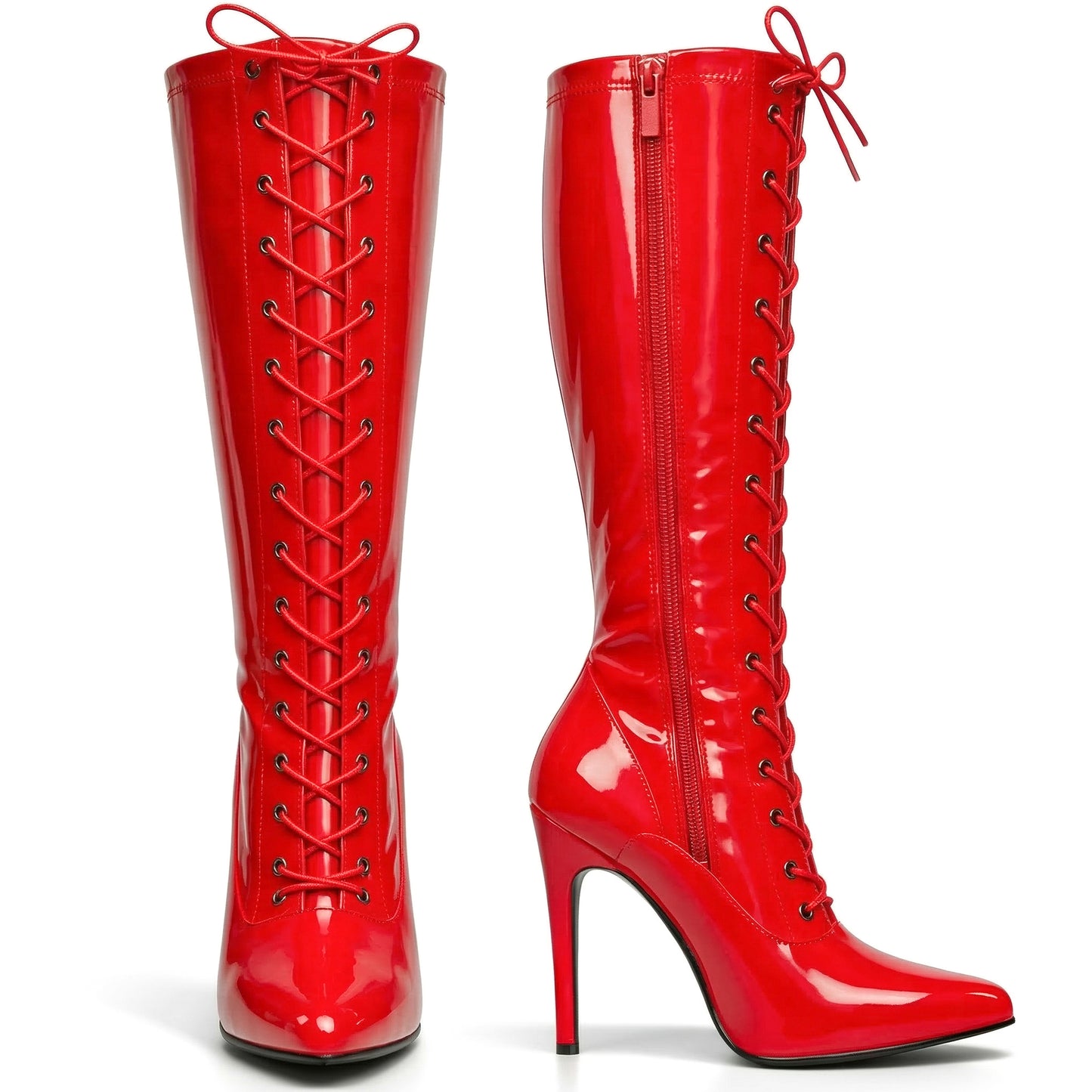 Golden Beads Women ladies boots Knee high Stiletto heel front lace-up with side zip pointed toe, ladies faux leather boots