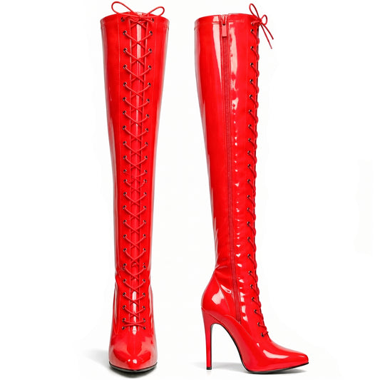 Women ladies boots thigh high heel over the knee boots front Lace-up with side zip