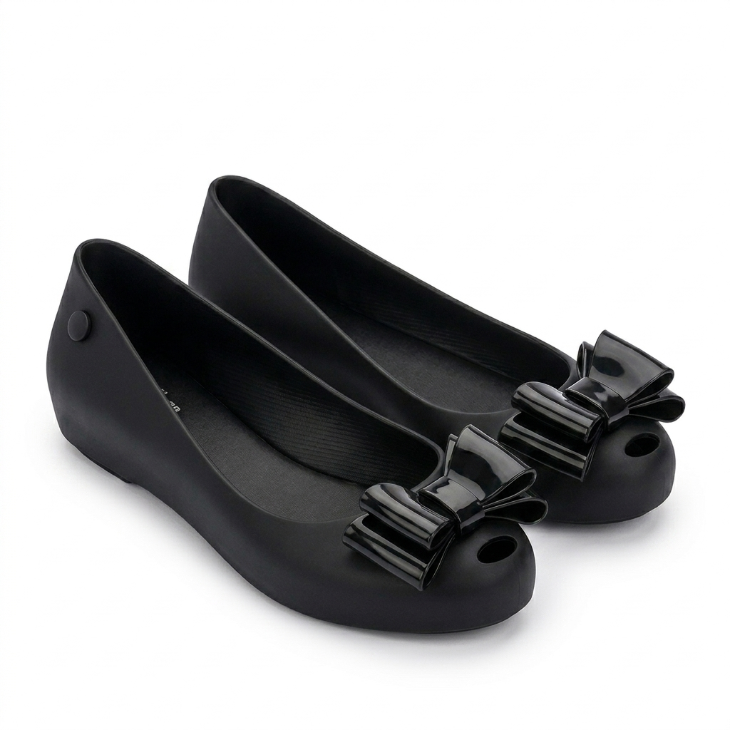 Women's Black Jelly Stylish Shoes Bow Comfortable Slip-On Ballerina Flats for Casual Outings, Summer Walks & Beachwear