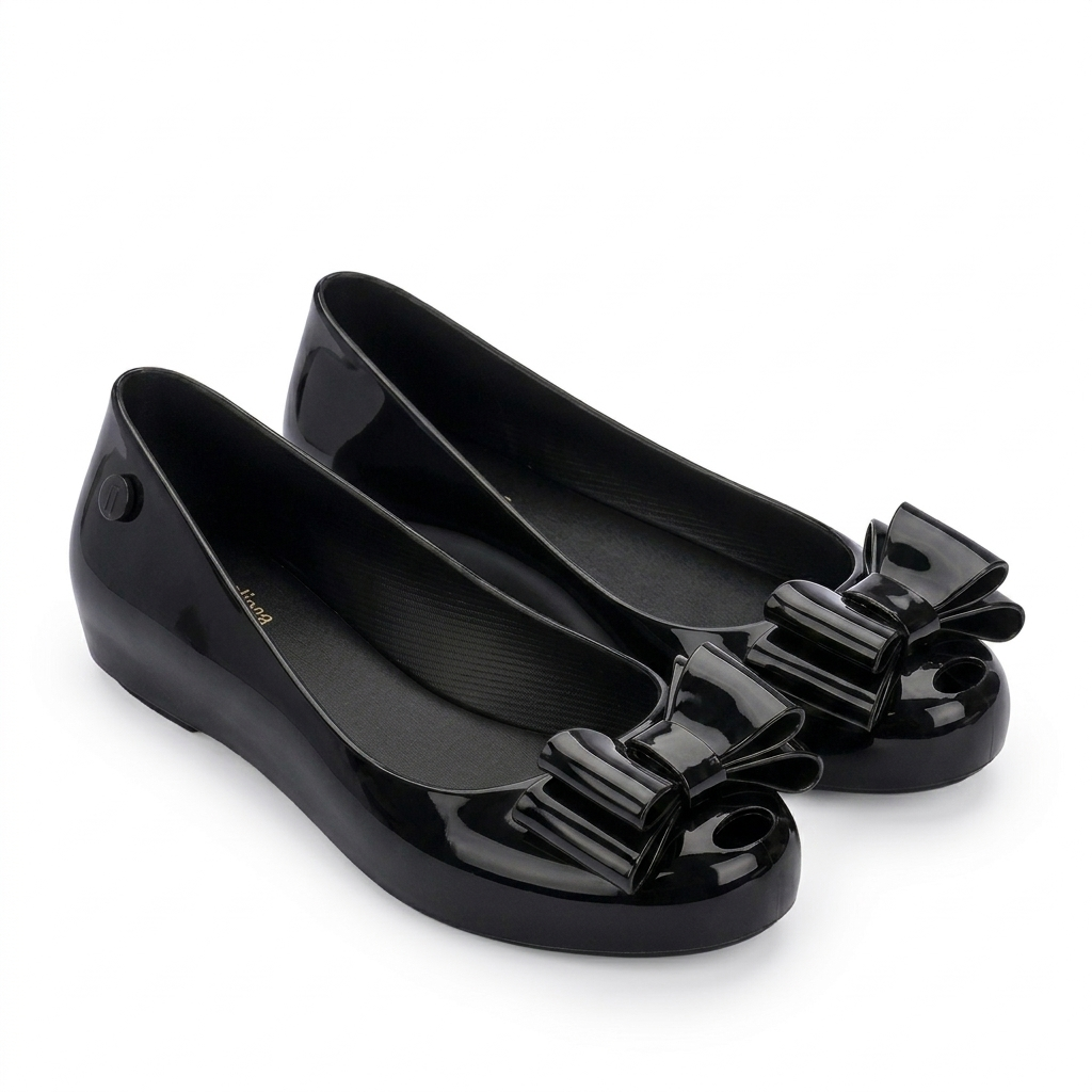 Women's Black Jelly Stylish Shoes Bow Comfortable Slip-On Ballerina Flats for Casual Outings, Summer Walks & Beachwear