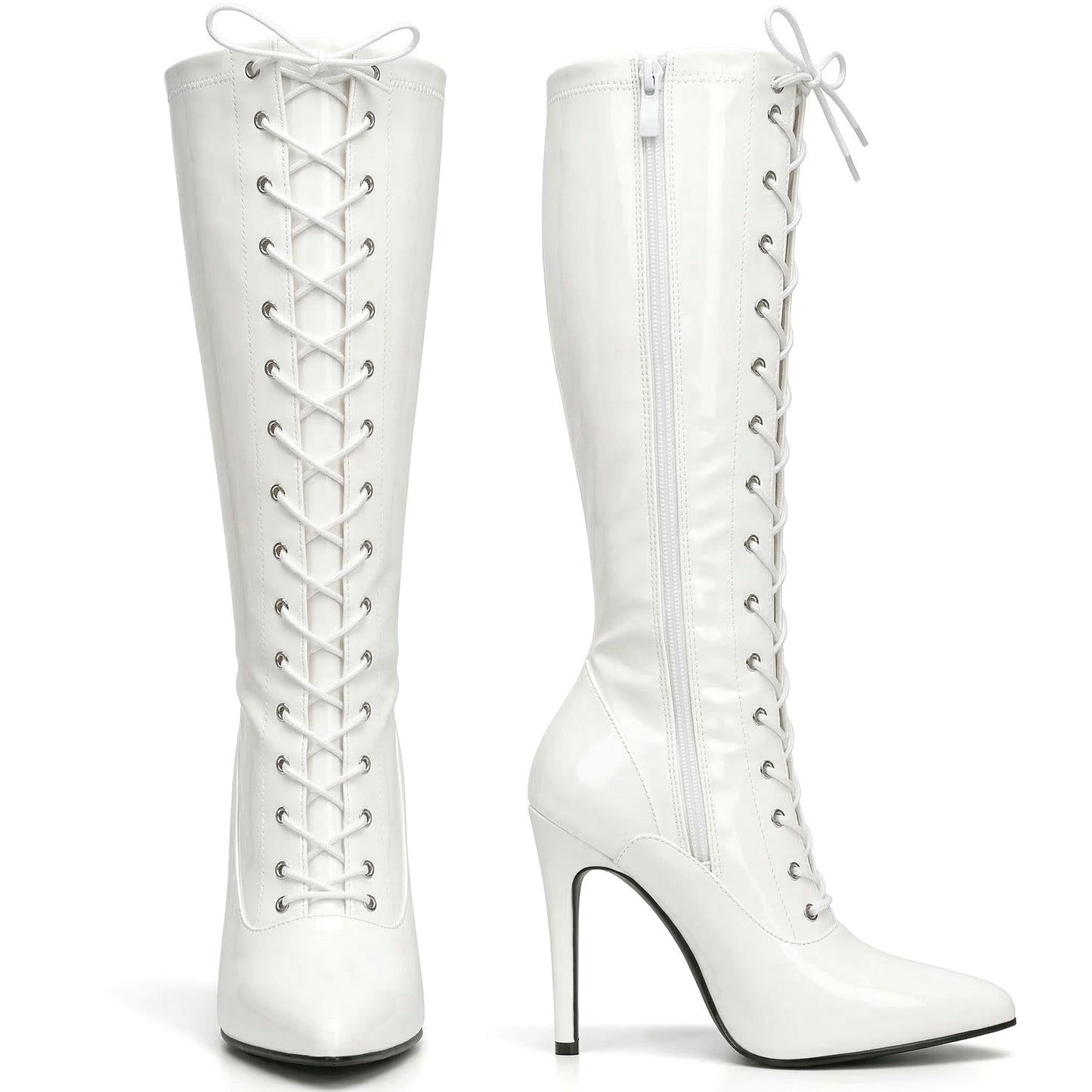 Golden Beads Women ladies boots Knee high Stiletto heel front lace-up with side zip pointed toe, ladies faux leather boots