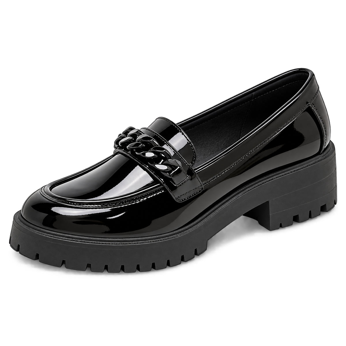 Premium Girls' Black Patent School Loafers – Comfy & Anti-Slip Uniform Shoes with Stylish Chain Detail for All-Day Wear