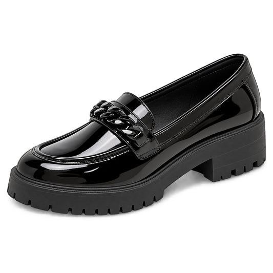 Premium Girls' Black Patent School Loafers – Comfy & Anti-Slip Uniform Shoes with Stylish Chain Detail for All-Day Wear