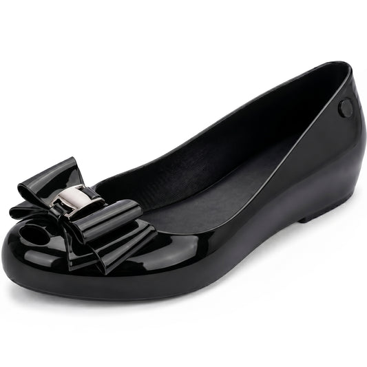 Women's Black Jelly Stylish Shoes Bow Comfortable Slip-On Ballerina Flats for Casual Outings, Summer Walks & Beachwear